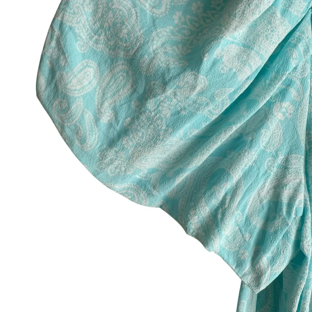 LOFT Light Turquoise Paisley Puff‎ Sleeve Ladies V-Neck Blouse, L